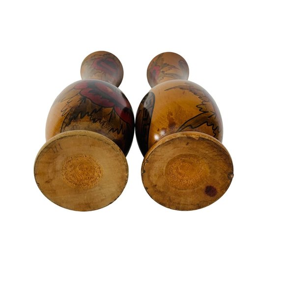 Vintage Set of 2 Wooden Vases Roses Floral Landscape South Western Mexican Decor - Picture 4 of 16